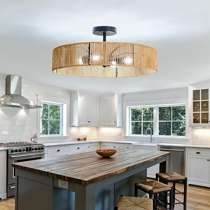 hesoge Boho Rattan Ceiling Light Fixture Rustic Black Semi Flush Mount Ceiling Light 20 Inches 4 Light Woven Chandelier for Farmhouse Hallway Bedroon Living Room Dining Room Kitchen Island