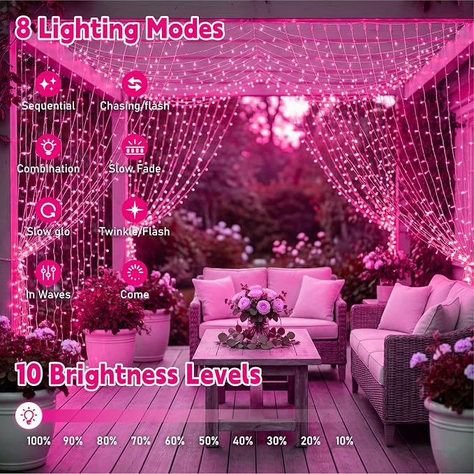 Curtain Light for Bedroom, 200LED 6.6x6.6ft Pink Window Wall Hanging Fairy Curtain String Light, 8 Modes Remote Fairy String Lights Indoor for Wedding Party Home Garden Decorations