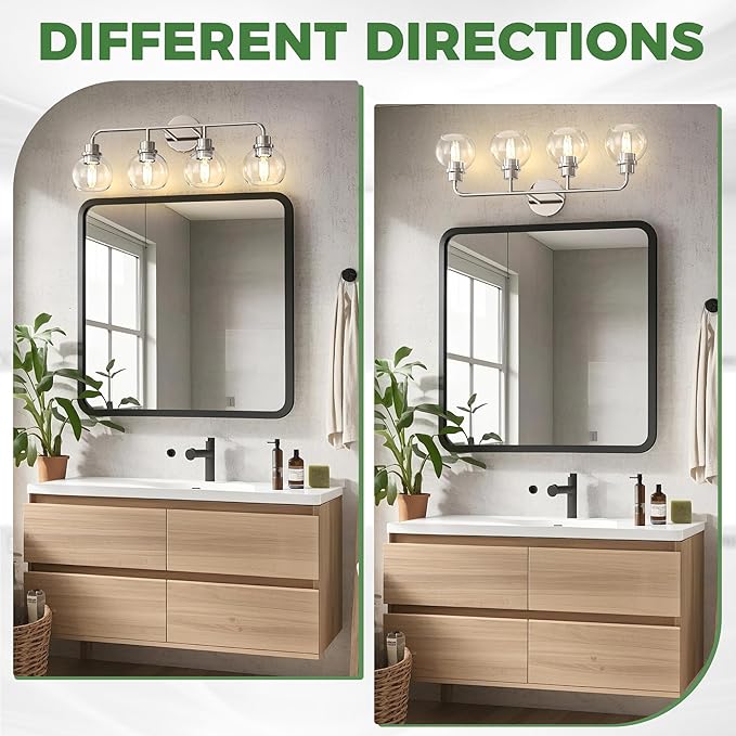 DORESshop Built to Last 20 Years Bathroom Light Fixtures, 4-Light Vanity Lights Over Mirror, Nickel Wall Lamp with Clear Glass for Living Room Decor Bedroom Porch Cabinet