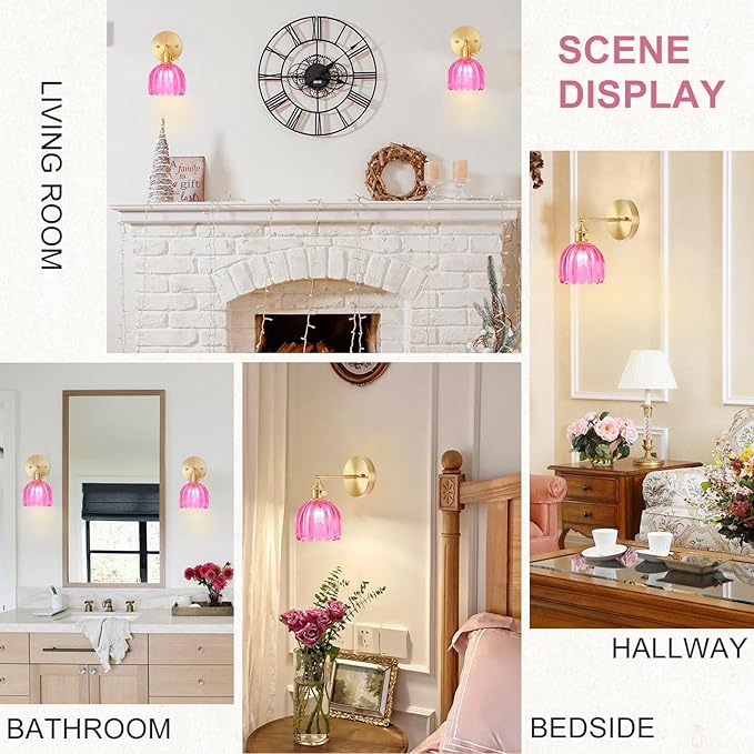 Hardwired Wall Sconce Light, Vintage Wall Sconce with Switch, Gold Wall Light Fixture with Tulip Ruby Red Glass Lampshade, Indoor Wall Light for Bedroom Bathroom, Bedside Wall Lamp