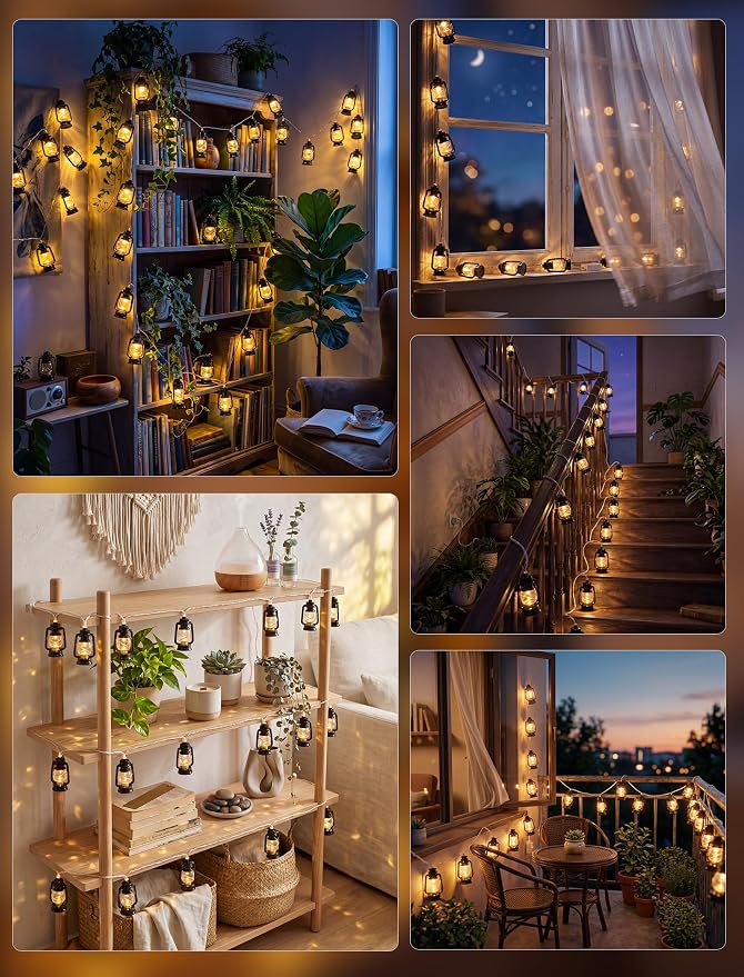 8.5Ft Black Mini Kerosene String Lights, Vintage Camping Lantern Lights Outdoor with 10 LED Oil Lamp Bulbs, Waterproof Connectable Plug in Fairy Lights for Patio RV Awning Bedroom Party Holiday Decor