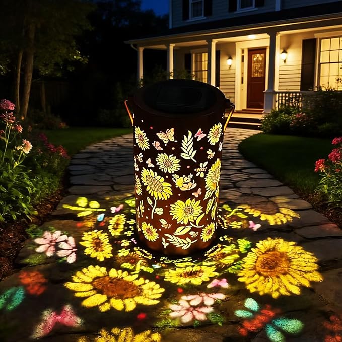 Colorful Sunflower Solar Lantern Outdoor Waterproof Garden Decorative Light, Hanging & Tabletop Solar Powered Lantern with Projection Pattern for Patio Garden Yard Balcony(Sunflower)