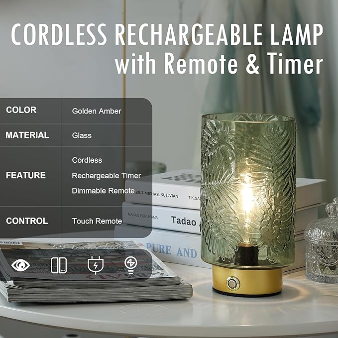 ULAROOM Cordless Lamp Rechargeable Battery Operated lamp, Glass Table Lamp Remote Control - Dimmable Brightness Touch Wireless Bedside Lamp for Bedroom Kitchen Dining Home Living Room Decor Green