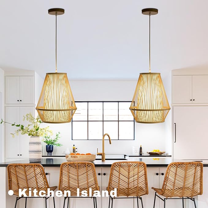 Boho Rattan Pendant Light, 12" Handwoven Bamboo Wicker Basket Shade Pendant Light Fixture, Natural Rustic Farmhouse Chandelier for Kitchen Island, Dining Room, Bedroom