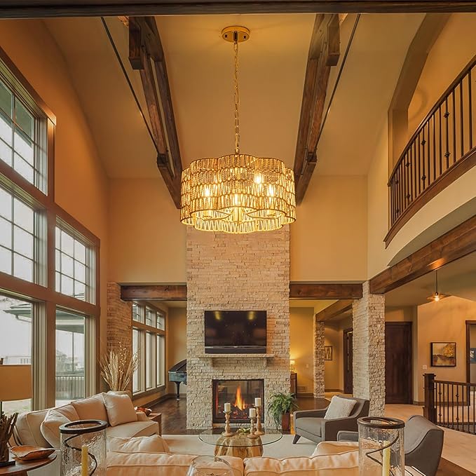 5-Light 19.6'' Convertible Rattan Chandelier - Flush Mount/Pendant Farmhouse Ceiling Light for Dining Room, Adjustable Chain & Dimmable Design