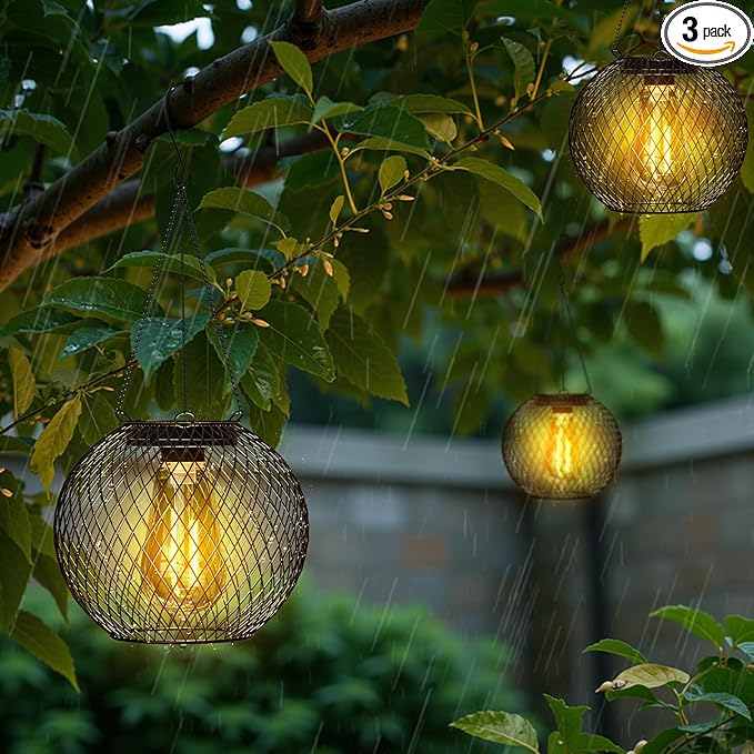 Modern Solar Mesh Globe Pendant Lights, LED Black Metal Hanging Spherical Lanterns with Edison Bulbs, Chain-Mounted, Indoor Outdoor (Black-4-Pack)