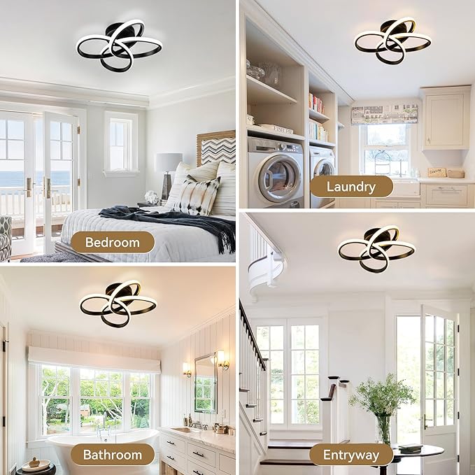 Modern Ceiling Light, 36W LED Dimmable Ceiling Light with Remote Control, 3000-6000K Color Temperature Changing, Black Small Chandelier for Bedroom, Entryway, Hallway, Kitchen
