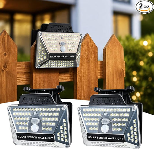 USB & Solar Powered Clip-on Lights, Waterproof 110 LEDs 600 LM Motion Sensor Outdoor Lights, 3 Lighting Modes, Easy to Install Solar Wall Lights for Fence, Deck, Patio & Porch (2-Pack)