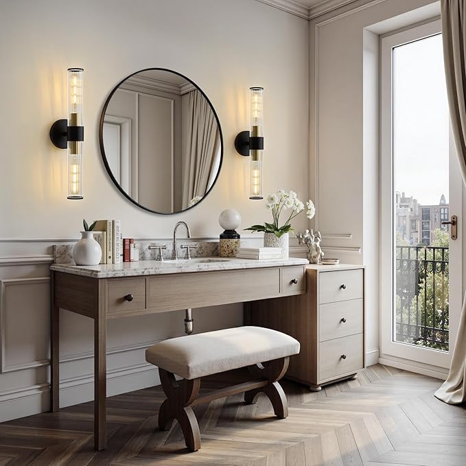 Bathroom Light Fixtures, Black Gold Wall Sconce in Threaded Glass Vanity Light, Modern Bathroom Wall Light for Bedroom, Living Room - Bulb Not Included