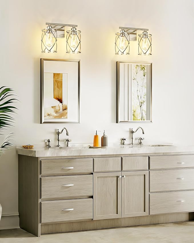 2-Light Brushed Nickel Bathroom Light Fixtures, 13.8 Inch Modern Bathroom Vanity Lighting Fixtures Over Mirror with Clear Glass and Metal Cage Wall Sconce Lights for Bath, E26, CH9176BN-2W