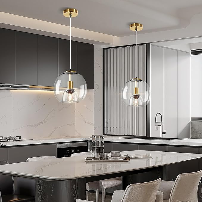 9.1in Large Clear Glass Pendant Light for Kitchen Island – 2-Pack with Extra LED Bulbs & 4.92ft Adjustable Cord | Modern Minimalist Lighting for Dining Room, Living Room, Entryway