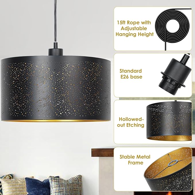Qingmiao Plug in Pendant Light, Hanging Lamp Plug in with Metal Shade, 3-Way Dimmable Hanging Light Fixture for Living Room Bedroom Kitchen Ceiling Farmhouse Home Decor