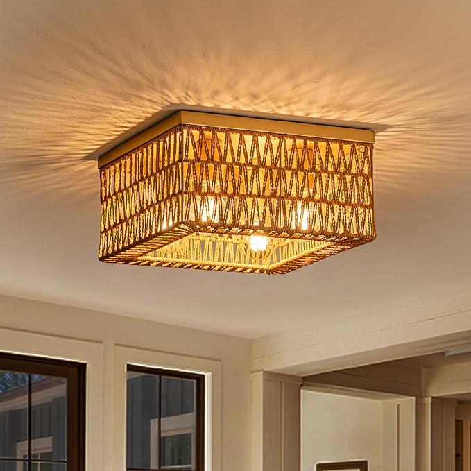 Rattan Ceiling Light, 4-Light Boho Light Fixture, Square Flush Mount Ceiling Light for Bedroom, Hallway, Entryway, Kitchen, Living Room
