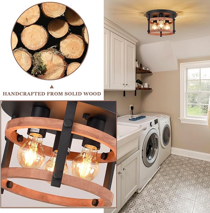 3-Light Flush Mount Wood Ceiling Light Black Metal and Round Wood Frame Hallway Ceiling Light 12 inch Retro Rustic Light Fixtures for Farmhouse, Kitchen, Foyer,Entryway, Bedroom, Dining Room