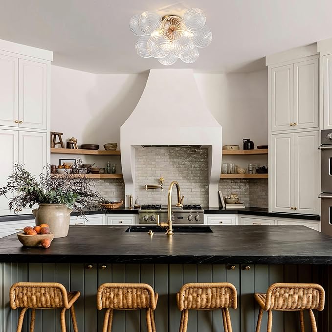 GoYeel Semi Flush Chandelier Gold, Modern Light Fixtures Ceiling Mount Lighting Pendant 3 Light Dining Chandeliers Over Table Glass 18.5" 13 Clear Swirled Globe for Foyer Bedroom Kitchen