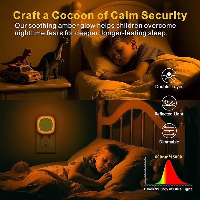 YUNLEX 4 Pack Amber Night Light, Dusk to Dawn Sensor, Warm Glare-Free Reflected Glow, 3-Level Dimmer, Auto On/Off, Plug-in LED Nightlight for Bedroom, Kids, Bathroom, Sleep, Baby Nursery, Toddler