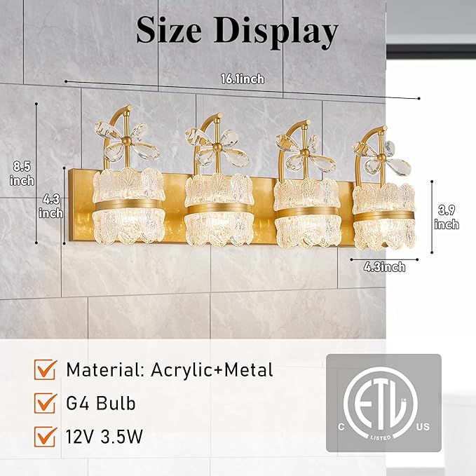 Bathroom Lights Over Mirror - Makeup Lighting Gold - Bathroom Vanity Light with Acrylic Shades for Bath, Makeup Desk, Farmhouse, Hallway, 4-Light