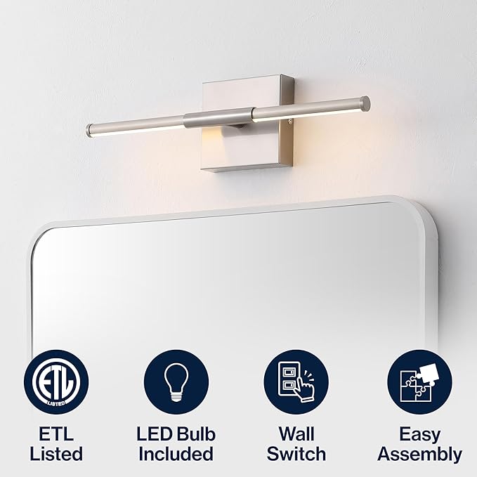 JONATHAN Y 16.25" Nickel Modern Dimmable Integrated LED Wall Sconce, Minimalist Adjustable Metal Vanity Light for Bathroom Mirror, Bedroom, Hallway, 3000K, ETL Listed (JYL7039E)