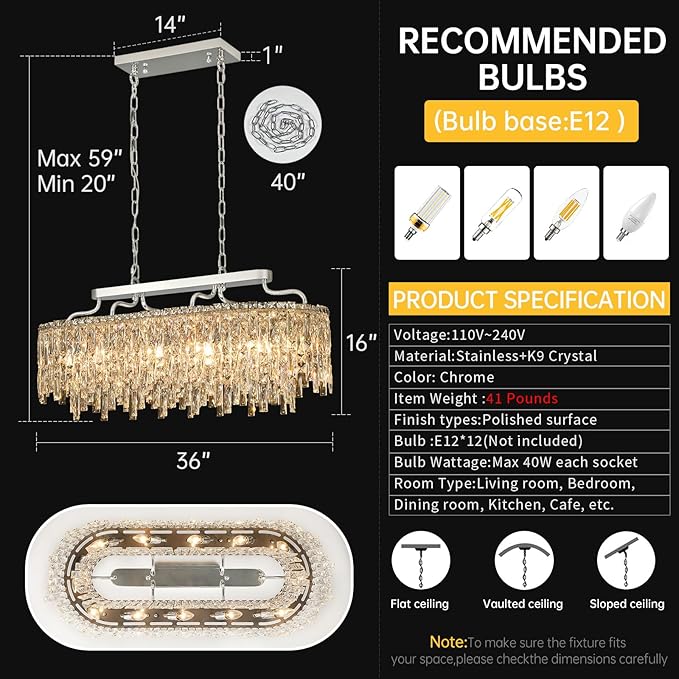 12-Lights Modern Luxury Crystal Chandeliers for Dining Room Light Fixtures Over Table | L36 Chrome Crystal Kitchen Island Lighting | Oval Hanging Chandeliers for Living Room Kitchen Bathroom