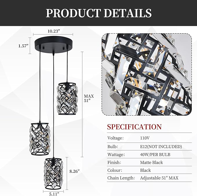 Black Crystal Pendant Lights Kitchen island, Adjustable Hanging Chandelier with Ambient Lighting, 51 Inch Chain, E12 Base, Plated Modern Farmhouse Fixture for Dining Room, Bedroom, Living Room