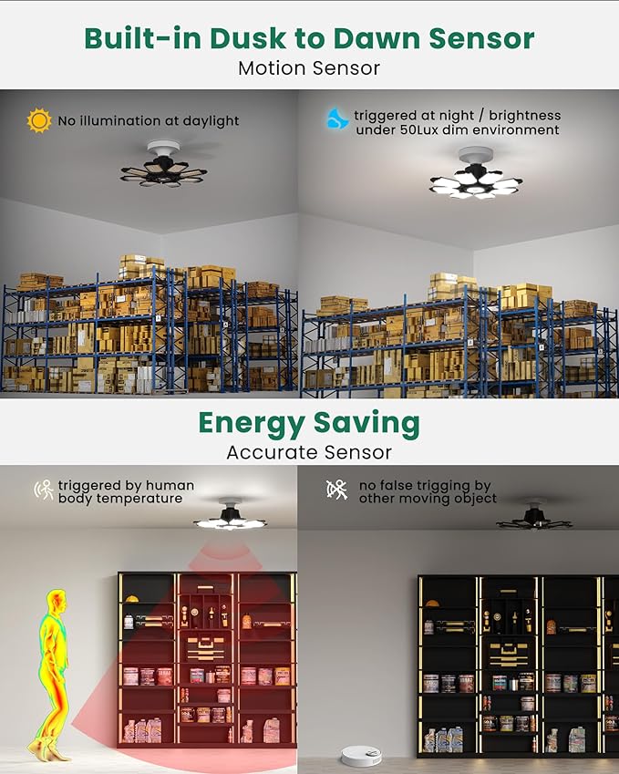 Motion Sensor Garage Light, 250W Motion Sensor Light Indoor,Deformable Garage Lights Ceiling LED,25000LM Super Bright Motion Activated LED Shop Light for Stairway,Basement 2Pack