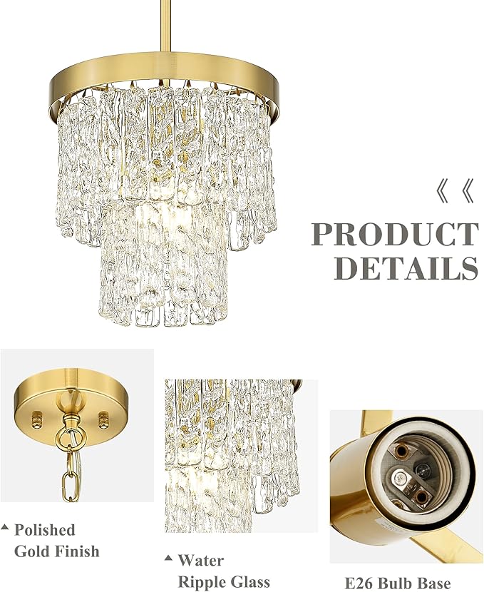 Water Ripple Gold Chandelier, 2-Tier 10'' Pendant Lights Kitchen Island, Vintage Chandeliers for Dining Room Kitchen Island Bedroom Entryway, CC4848-1P-PG