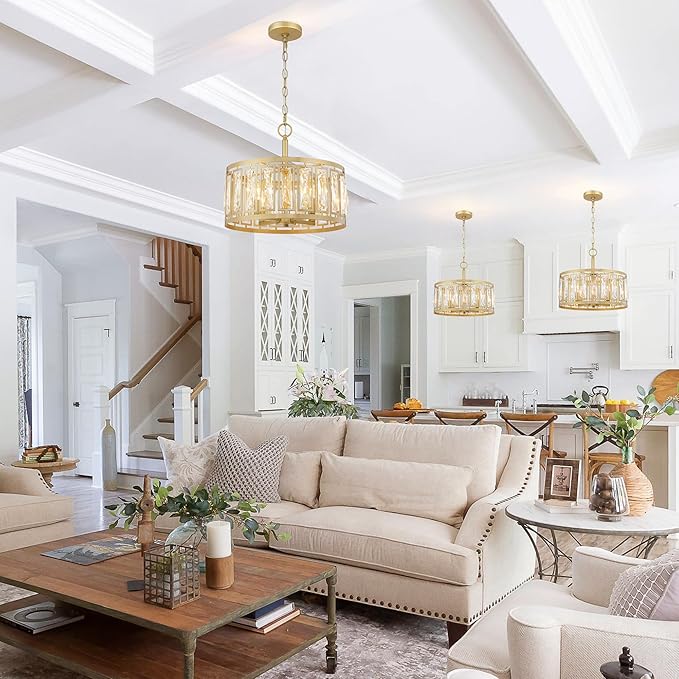 Gold Crystal Chandelier, 4-Light Semi Flush Mount Chandelier Crystal Entry Way Light Fixture Gold Dining Room Light Fixtures Adjustable Height Hanging Pendant Light for Bedroom Living Room