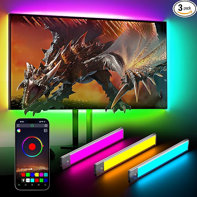 LEPOTEC 3 Pcs RGB LED Wall Lights,Wall Sconces Lamp with App Remote Control,Gaming Light Bar,Under Cabinet Lighting with Music Sync,Rechargeable Battery Operated Night Closet Light for Living Room
