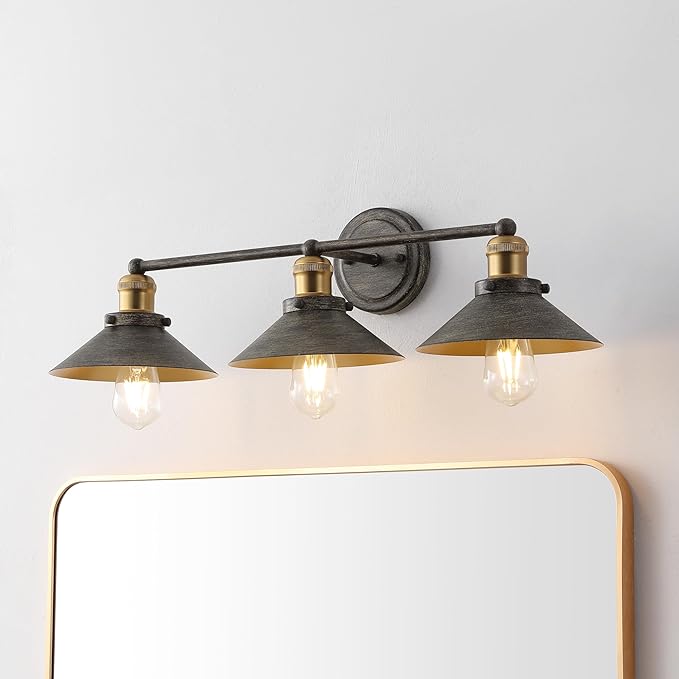 JONATHAN Y 26.5" Rustic Dark Gray/Brass Gold 3-Light Industrial Farmhouse Metal Vanity Light Wall Sconce, Metal Shade for Bathroom Mirror, Kitchen, Entryway, LED Bulb Included (JYL7428D)