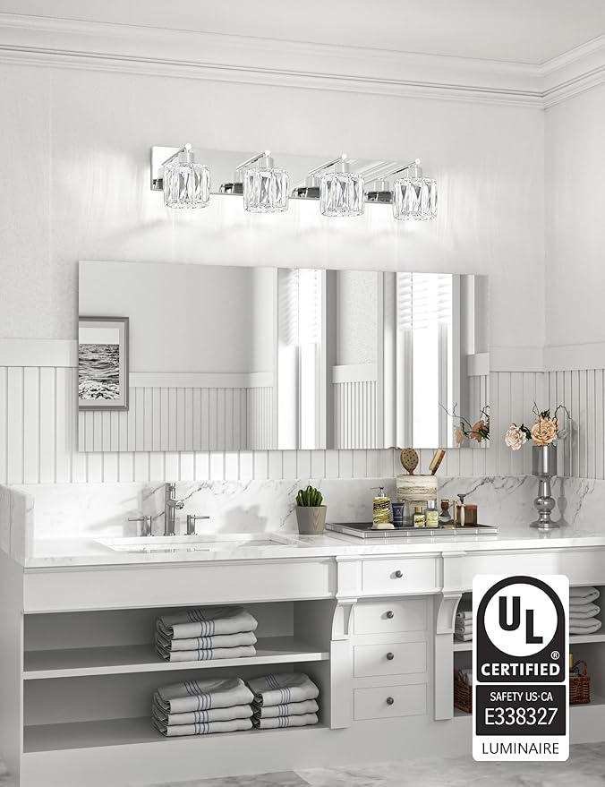 VOLISUN Crystal Vanity Lights for Bathroom, 4 Light Modern Stainless Steel Bathroom Light Fixtures Over Mirror, Chrome Bathrooms Lights Fixtures - UL Certificated (Exclude Bulb)