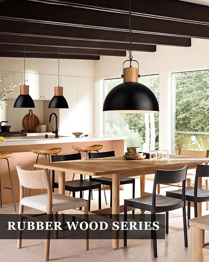 ELYONA Dome Pendant Light 16" Vintage Chandeliers Rubber Wood & Black Metal Hanging Lamp Adjustable Industrial Large Pendant Light Fixtures for Kitchen Island Farmhouse Dining Living Room Hallway