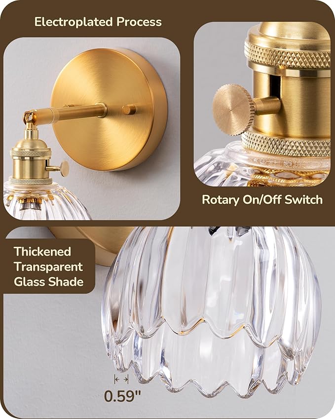 EDISHINE Hardwired Vintage Wall Sconces Set of Two, Brass Gold Wall Lamp with Transparent Tulip Glass Lampshade 180° Adjustable, Modern Wall Lighting Fixtures with Switch for Bathroom Bedroom Hallway