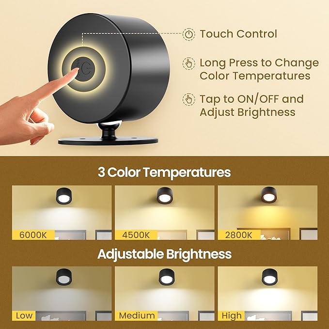 LED Wall Mounted Lamps, Battery Operated Rechargeable Wall Lights, 3CCT & Dimmable, 360°Rotation with Magnetic Ball, Cordless Wall Sconces for Picture Bedside Bedroom Reading, Black-2 Pack