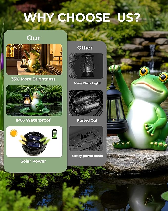 Vuees Solar Frog Garden Statue Light, Outdoor Waterproof Decorative Lantern Figurine, Cute Yard Art for Garden Patio Pond Balcony Porch Decor, Housewarming & Gardening Gifts for Women Grandma Mom | Hand-painted resin, dusk sensor, flower bed or pond ac...