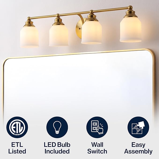 JONATHAN Y 33.25" Brass Gold/White Modern Farmhouse LED Vanity Light Wall Sconce Fixture, Frosted White Glass Shade, Dimmable Wall Lamp for Bathroom Mirror Kitchen Sink, UL Listed (JYL7552B)