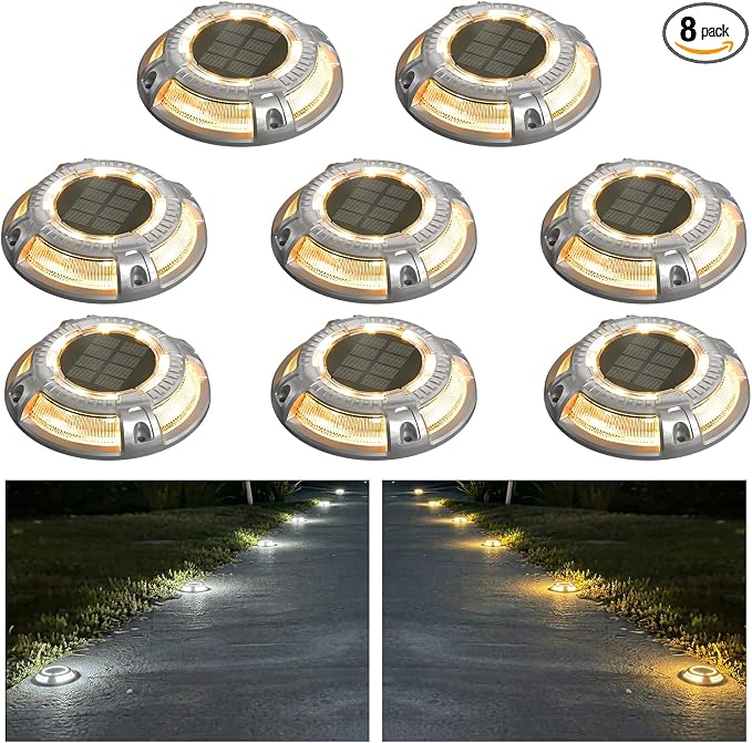 addlon Solar Driveway Lights Outdoor 8 Pack, 2 Color Modes LED Deck Dock Marine Waterproof Driveway Marker Lights for Step Sidewalk Stair Garden Pathway Walkway Yard (Warm White/Cool White)