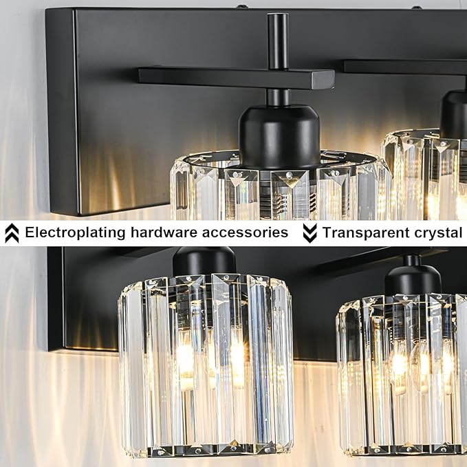 Black Crystal Bathroom Vanity Lights, Modern 4-Lights Bathroom Lighting Fixtures Over Mirror, Crystal Wall Lighting with Round Shade