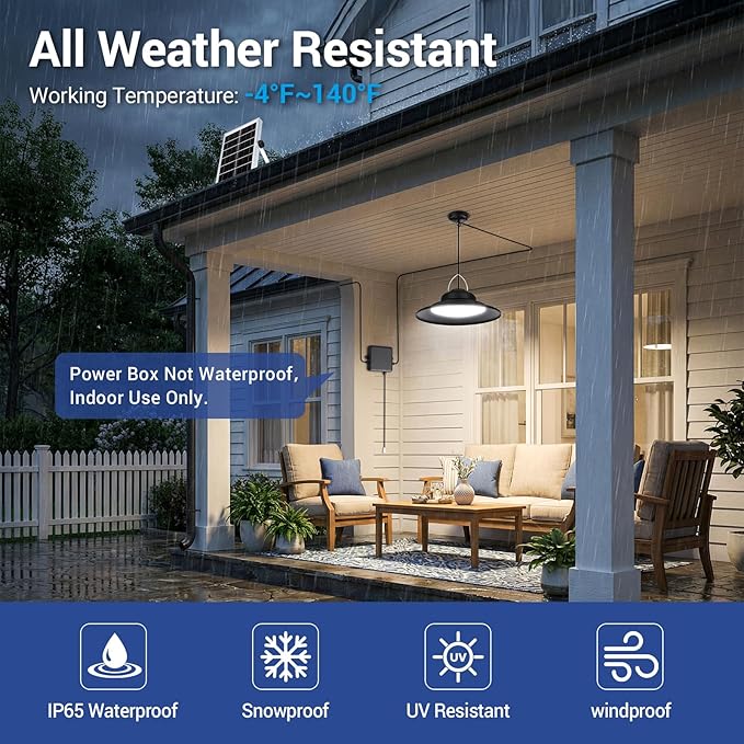 ropelux Solar Powered Shed Light Indoor Outdoor, 2000LM Daytime Available Pendant Light with Pull String, 2 Lighting Modes Solar Lights, IP65 Waterproof for Barn, Gazebo, Shop, Garage, Home (1Pack)