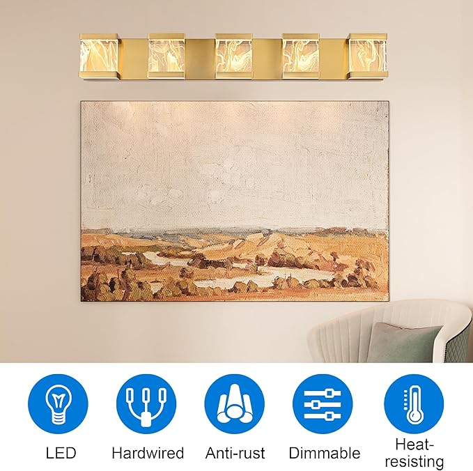 MELUCEE LED Bathroom Lighting Fixtures Over Mirror 25W 3000K Warm Lighting, 5 Lights Brass LED Vanity Lighting Bar with Unique Smoke Acrylic Panel, Wall Sconces for Bath Powder Room Entryway