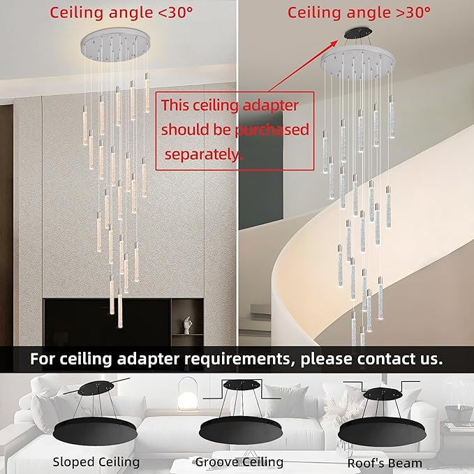 20-Light Chrome High Ceiling Chandeliers Modern Crystal Chandeliers for Entryway Long Spiral LED Dimmable Chandelier Flush Mount Ceiling Staircase Foyer Living Room Ceilings Light Fixture