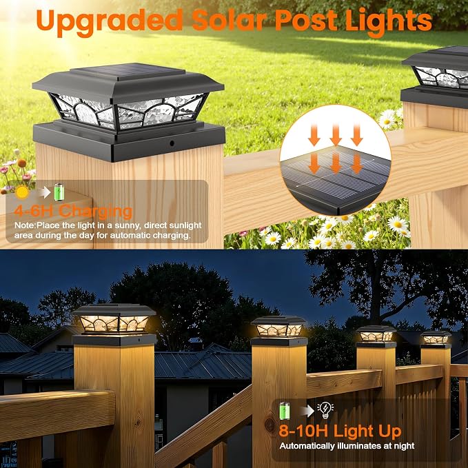 Brightever 4x4 3.5x3.5 Solar Post Cap Lights, 8-Pack Solar Powered Fence Post Light Outdoor Waterproof for Vinyl/Wooden Post, 2 Modes(Warm/Cool Light), Black Solar Deck Post Lights for Patio, Porch