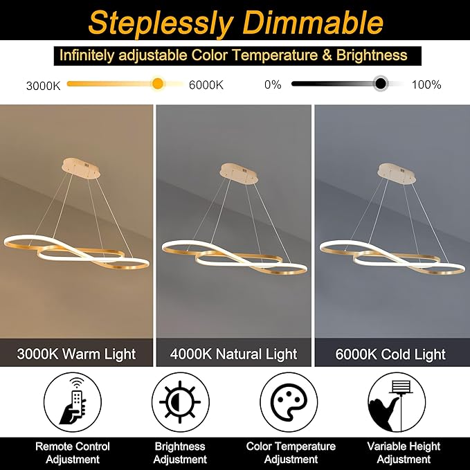 Luxury Gold Modern LED Pendant Light - 39.4in Modern Chandelier for Dining Room Kitchen Island Lighting