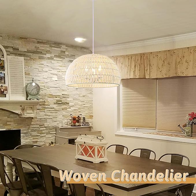 17.6 inch Cream Woven Pendant Light Wicker Pendant Lights 3-light Rattan Light Fixture Boho Chandelier Farmhouse Chandelier Dome Pendant Light for Dining Room Living Room Bedroom(Bulb Incl