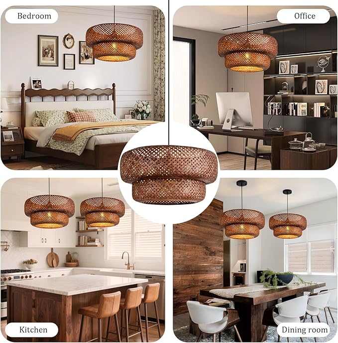 Bamboo Pendant Light,Dark Curry Boho Rattan Hanging Light,17.7" Hand Woven Wicker Chandelier for Kitchen Island for Kitchen Island Dining Bedroom Living Room Restaurants