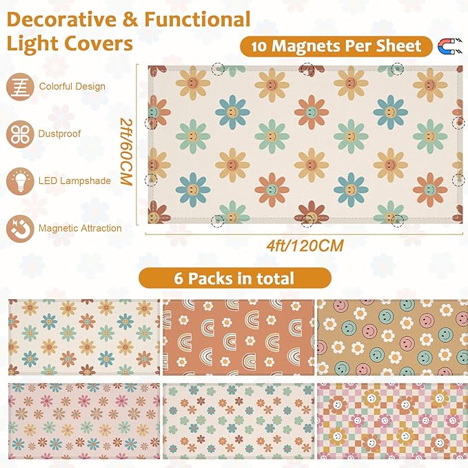 QOUBAI 6 Pcs Fluorescent Light Covers,4 x 2 Ft Magnetic Light Filters Boho Groovy Fluorescent Lights Shade Easy Install for Classroom Office Library Hospital Home Ceiling Hippie