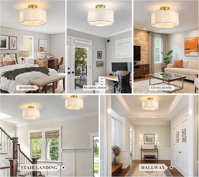 Semi Flush Mount Ceiling Light, 13" Ceiling Light Fixture with Flower-Shaped Fabric Shade, 3-Light Modern Ceiling Lighting Fixture for Bedroom Living Room Nursery Hallway, White Shade