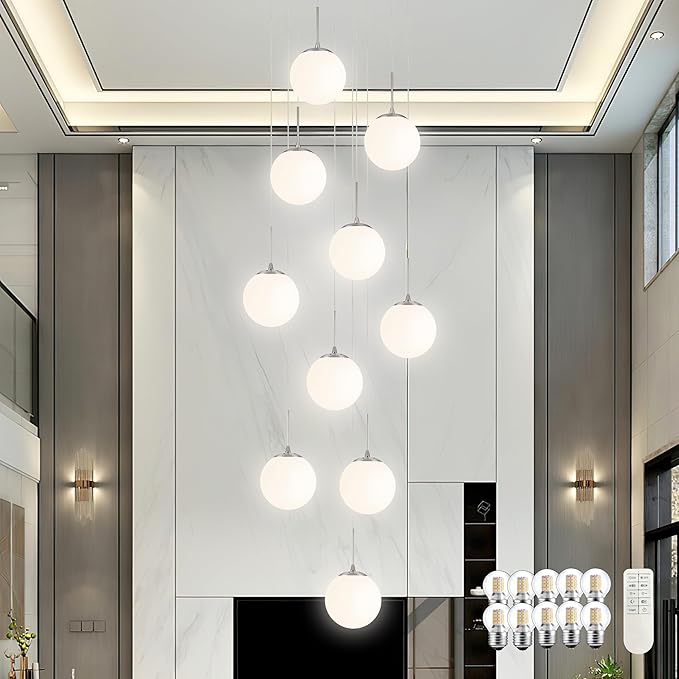 KoKo&Yukina 10 Light Globe Pendant Light Adjustable Hanging Light Staircase Chandelier Milk Glass Pendant Lights with Milky White Glass Shade Globe Lights for Staircase