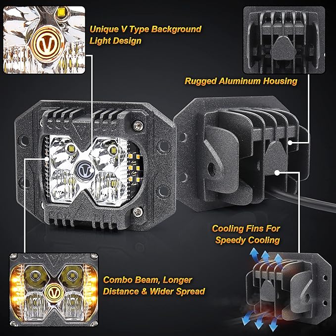MOVOTOR Flush Mount Led Pods, Combo Offroad Driving Pods with Separate Amber Solid/Strobe Side Shooters Backup Reverse Lights Cube Working Lights for Truck Jeep ATV SUV 4x4