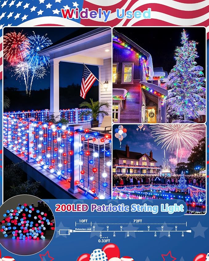 2Pack 400LED Smart 4th of July String Lights | 164FT App Controlled Red White and Blue American Flag Lights, Waterproof Patriotic RGB Color Changing String Lights with Remote Outdoor for Memory Day