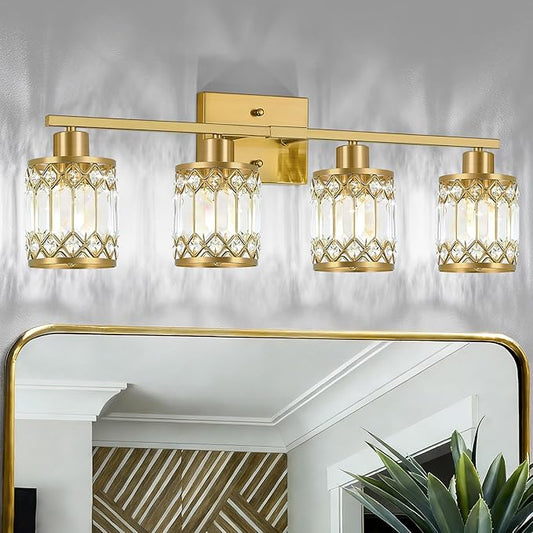Crystal Modern Bathroom Light Fixtures, 4-Light Brushed Gold Bathroom Vanity Wall Light, Vanity Lights for Mirror, Restroom, Bedroom (E26 Socket, Bulbs Not Included)